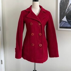 LL Bean Lambwool Peacoat Tailored Fit Red Womens Overcoat Preppy Academia